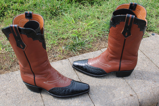 Caboots Men's American Alligator Wingtip Cowboy Boots, Narrow Square Toe Size 9 D