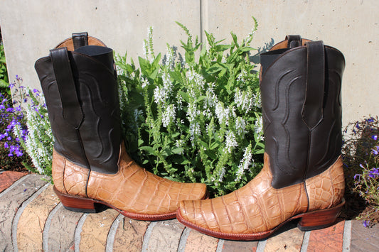 ASC Men's Tan American Alligator Cowboy Boots, Cutter Toe Size 9 D