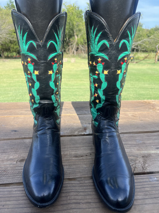 Ammons Men's Black Calfskin Cowboy Boots, Round Toe Size 10 D