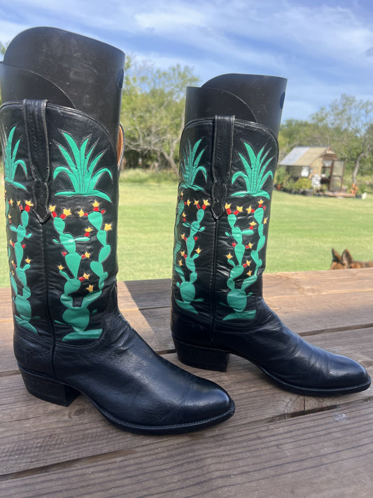 Ammons Men's Black Calfskin Cowboy Boots, Round Toe Size 10 D