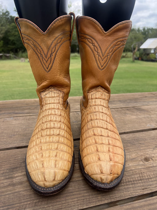 Dan Post Men's Tan Alligator Tail Cowboy Boots, Round Toe Size 8.5 EE
