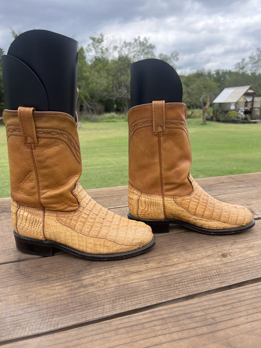 Dan Post Men's Tan Alligator Tail Cowboy Boots, Round Toe Size 8.5 EE